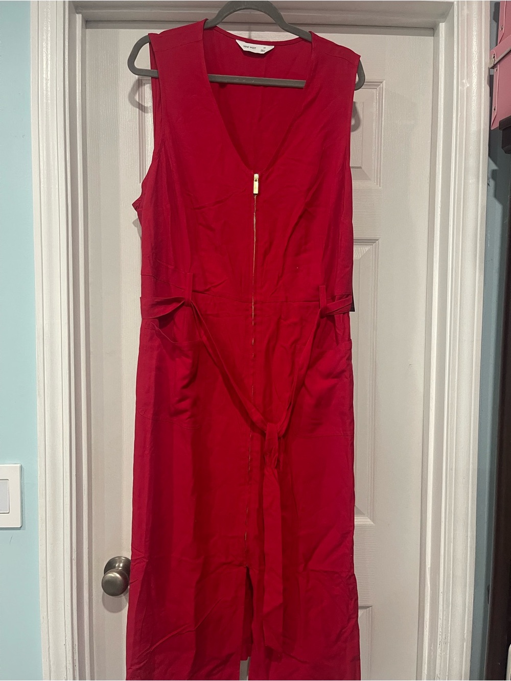 Nine West Sleeveless Red Midi Dress with Front Zip and Tie